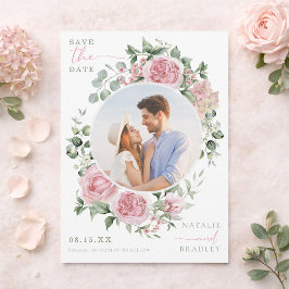 Blush Floral Peonies and Roses Photo Save The Date 招待状