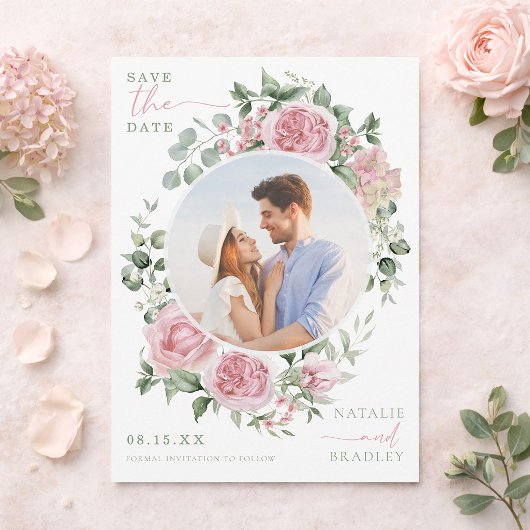 Blush Floral Peonies and Roses Photo Save The Date 招待状