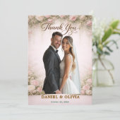 Blush Floral Photo Overlay Gold Script Elegant サンキューカード (スタンド正面)