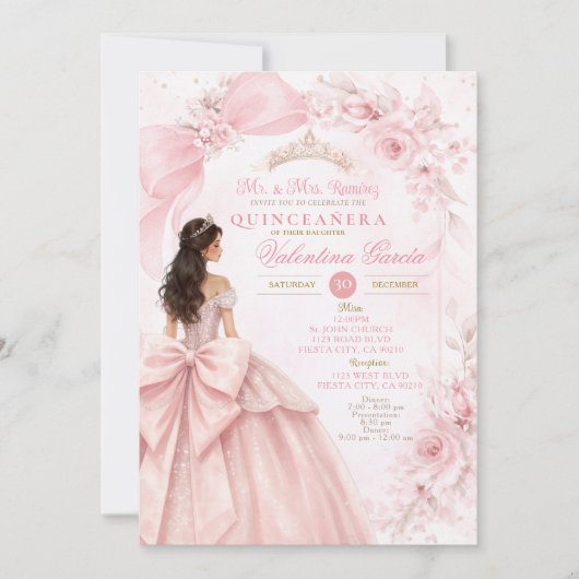 Blush Floral Pink Quinceañera Invitation 招待状 (正面)