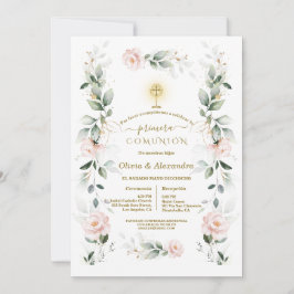 Blush Floral Primera Comunión Twins Holy Communion 招待状
