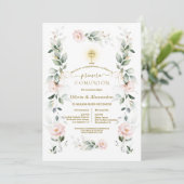 Blush Floral Primera Comunión Twins Holy Communion 招待状 (スタンド正面)