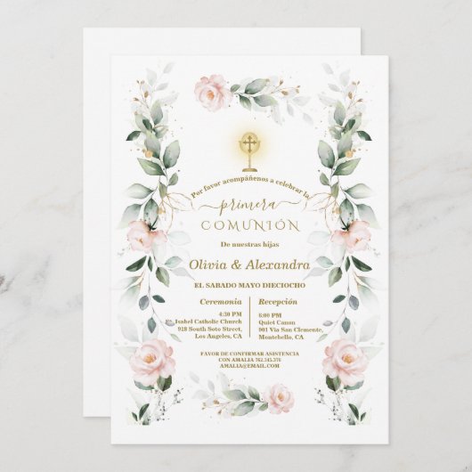 Blush Floral Primera Comunión Twins Holy Communion 招待状 (正面/裏面)
