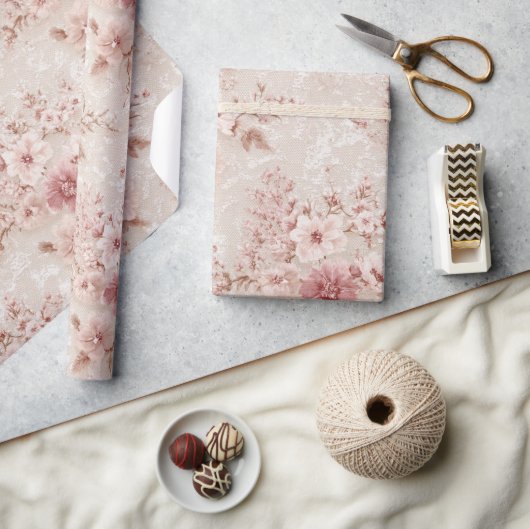Blush Floral Romantic Lace-Inspired Wrapping Paper ラッピングペーパー (クラフト)