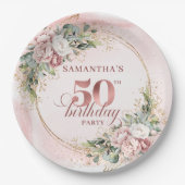 Blush Floral Rose Gold 50th Birthday Party Plates ペーパープレート (正面)