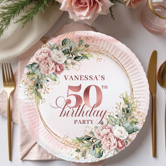 Blush Floral Rose Gold 50th Birthday Party Plates ペーパープレート