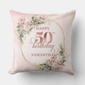 Blush Floral Rose Gold 50th Birthday Pillow Gift クッション (正面)