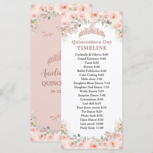 Blush Floral Rose Gold Quinceanera Day Timeline プログラム (正面/裏面)