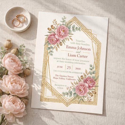 Blush Floral Watercolor Roses & Eucalyptus Wedding 招待状