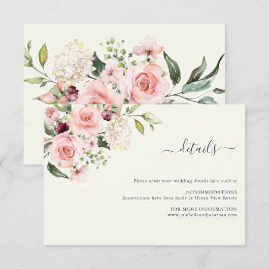Blush Floral Wedding Details Card - Cream エンクロージャーカード (正面/裏面)