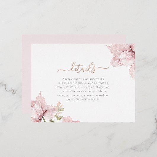 Blush Floral Wedding Details Enclosure Card 箔招待状ポストカード (正面/裏面)