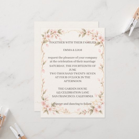 Blush Floral Wedding Invitation 招待状 (正面/裏面インサイチュ)