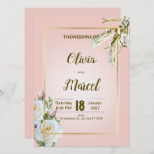 Blush Floral Wedding Invitation with Gold Frame (正面/裏面)
