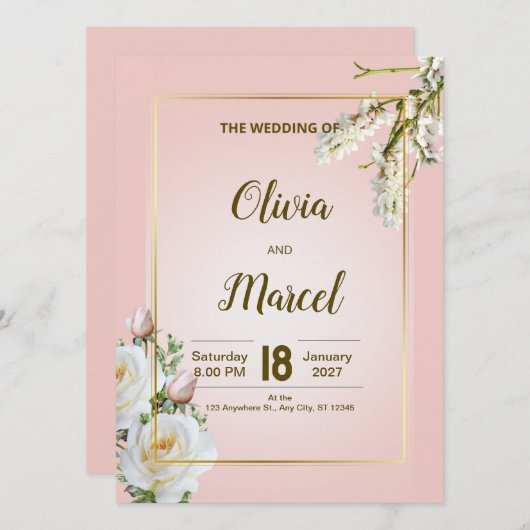 Blush Floral Wedding Invitation with Gold Frame (正面/裏面)