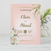 Blush Floral Wedding Invitation with Gold Frame (スタンド正面)