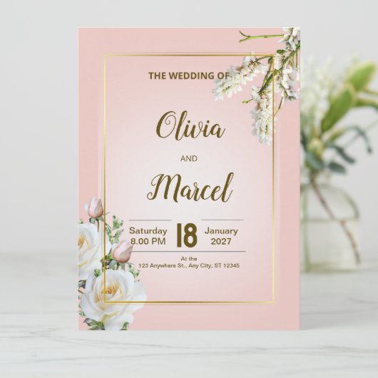 Blush Floral Wedding Invitation with Gold Frame (スタンド正面)