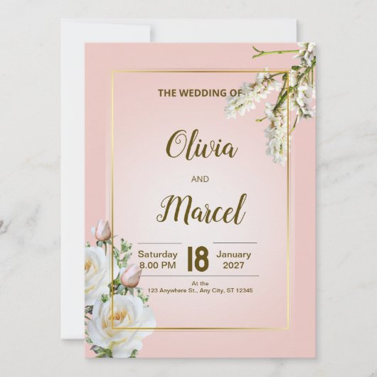 Blush Floral Wedding Invitation with Gold Frame (正面)