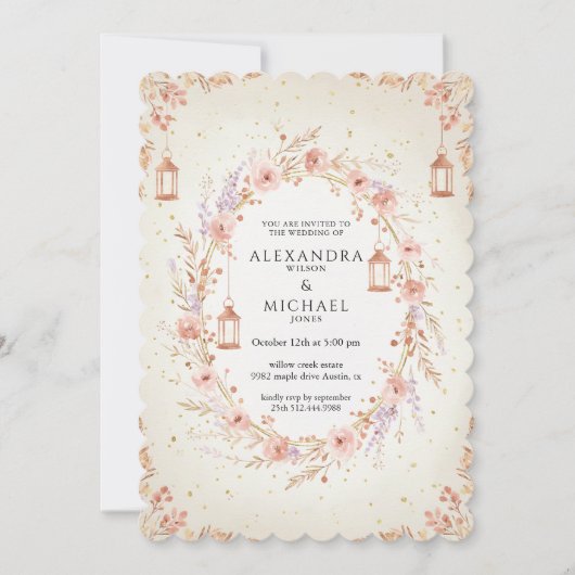 Blush Floral Wedding Invitation with Lanterns 招待状 (正面)