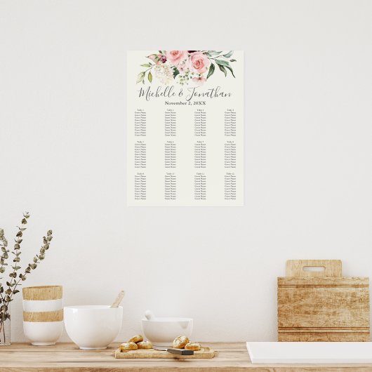 Blush Floral Wedding Seating Chart – Table Plan ポスター (キッチン)