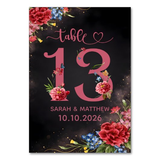 Blush Floral Wedding Table Number 13 Card テーブルナンバー (正面)