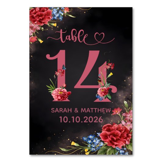 Blush Floral Wedding Table Number 14 Card テーブルナンバー (正面)
