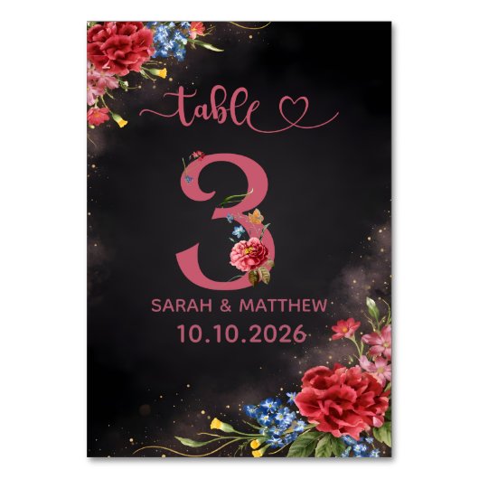 Blush Floral Wedding Table Number 3 Card テーブルナンバー (正面)