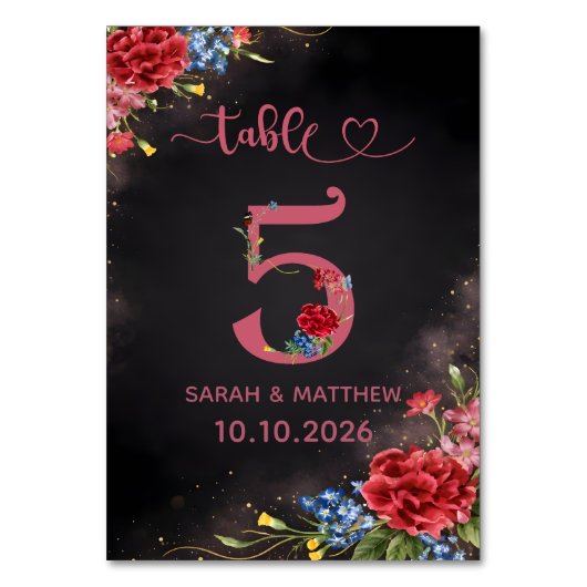 Blush Floral Wedding Table Number 5 Card テーブルナンバー (正面)