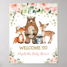 Blush Floral Woodland Baby Shower Birthday Welcome ポスター