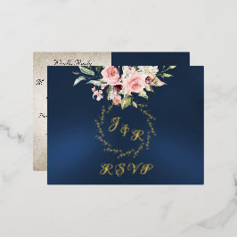 Blush Floral & Wreath RSVP - Blue 箔招待状ポストカード