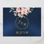 Blush Floral & Wreath RSVP - Blue 箔招待状ポストカード (正面)