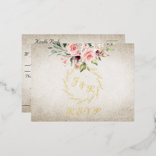Blush Floral & Wreath RSVP - Cream 箔招待状ポストカード (正面/裏面)