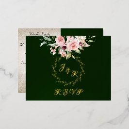 Blush Floral & Wreath RSVP - Emerald 箔招待状ポストカード