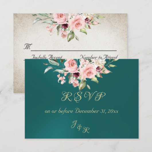 Blush Floral & Wreath RSVP - Teal (正面/裏面)