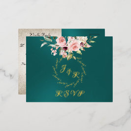 Blush Floral & Wreath RSVP - Teal 箔招待状ポストカード