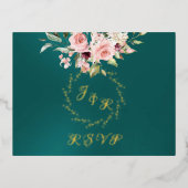 Blush Floral & Wreath RSVP - Teal 箔招待状ポストカード (正面)
