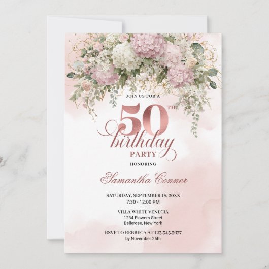 Blush Florals and Greenery Rose Gold 50th Birthday 招待状 (正面)
