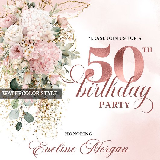 Blush Florals and Greenery Rose Gold 50th Birthday 招待状