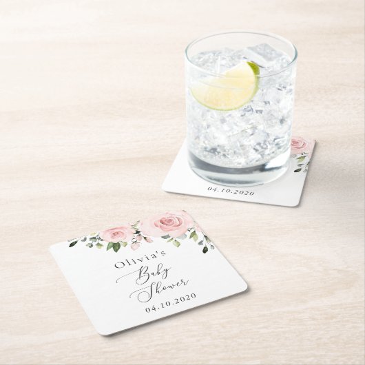 Blush Flowers, Pink Flowers, Boho, Baby Shower スクエアペーパーコースター (インサイチュ)