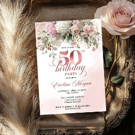 Blush Flowers Rose Gold Greenery 50th Birthday   招待状
