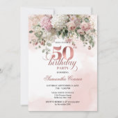Blush Flowers Rose Gold Greenery 50th Birthday   招待状 (正面)