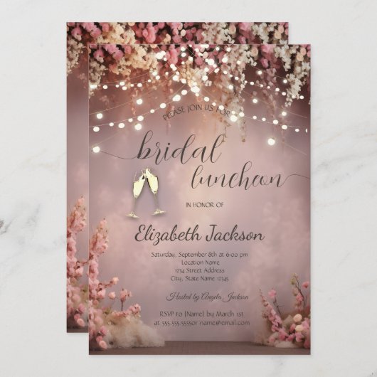 Blush Flowers String Lights Champagne Wedding 招待状 (正面/裏面)