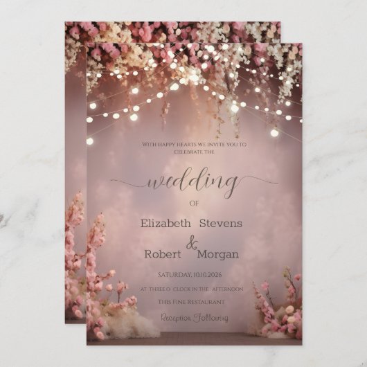 Blush Flowers String Lights Wedding 招待状 (正面/裏面)