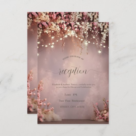 Blush Flowers String Lights Wedding 招待状 (正面/裏面)