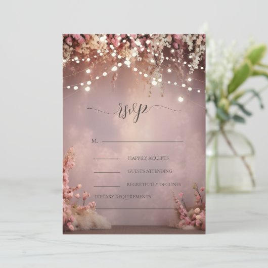 Blush Flowers String Lights Wedding RSVP   招待状 (スタンド正面)