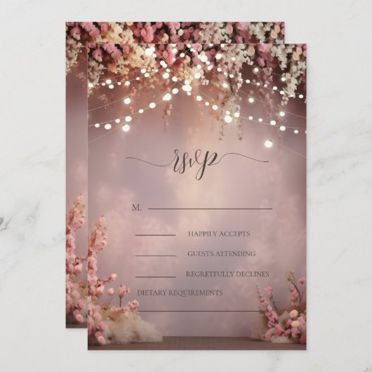 Blush Flowers String Lights Wedding RSVP   招待状 (正面/裏面)