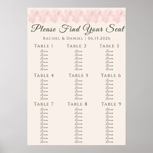Blush Garden Floral Minimal Wedding Seating Chart ポスター (正面)