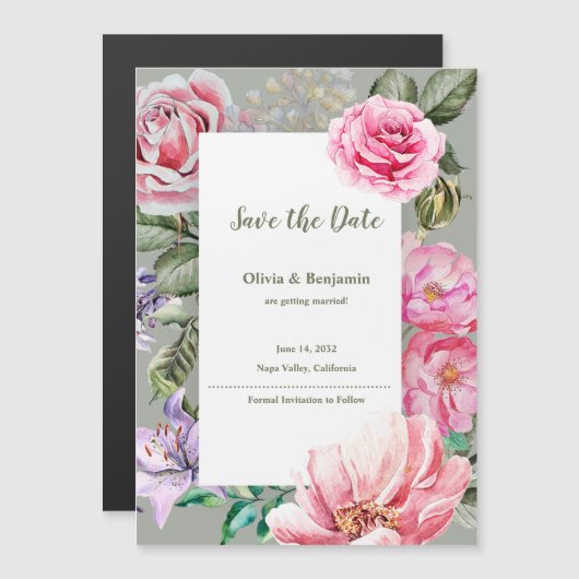 Blush Garden Floral Wedding Magnetic Save the Date (正面/裏面)
