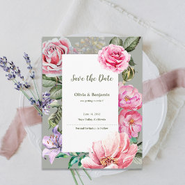 Blush Garden Romantic Floral Wedding Save the Date 案内ポストカード