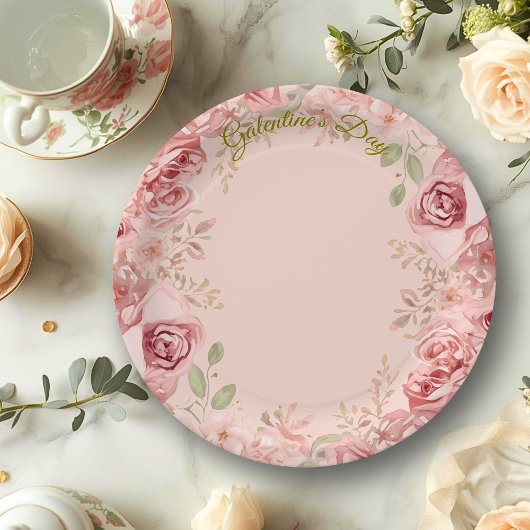 Blush Garden Roses Galentine Brunch Table Florals ペーパープレート