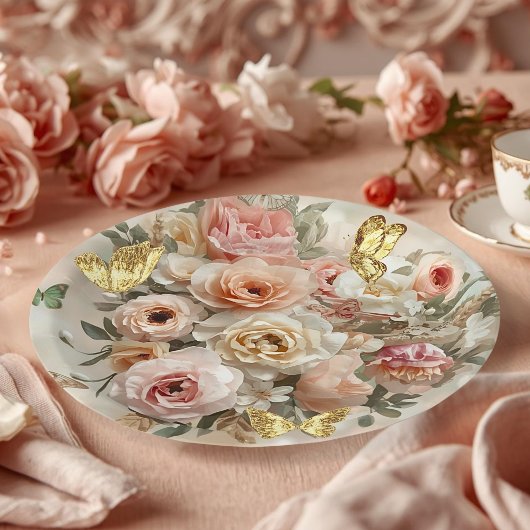 Blush Garden Roses Galentine Tea Party Florals ペーパープレート